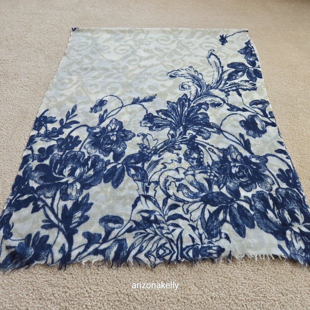 The Cashmere Project Floral Cashmere Scarf Blue Grey Ivory - Picture 7 of 9